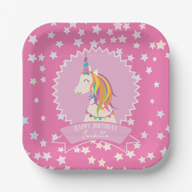 Hot Pink Magical Rainbow Unicorn Girl Birthday Paper Plate (Front)