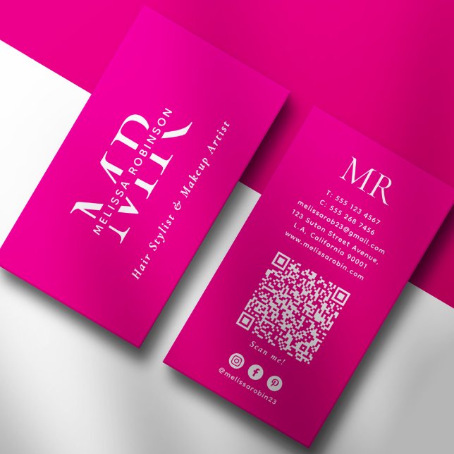 Hot Pink Makeup Artist White Monogram & QR Code Business Card (Creator Uploaded)