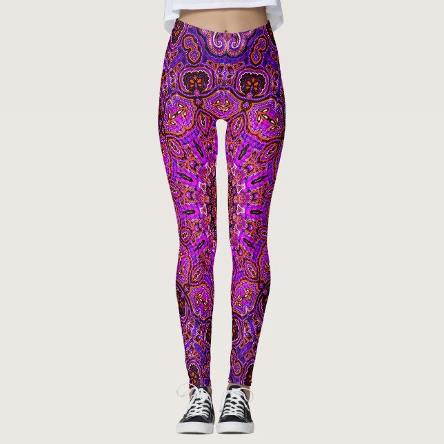 Hot Pink Mandala Kaleidoscopic Motif Leggings (Front)