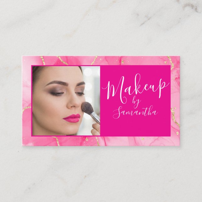 Hot Pink Marble Script Photo Makeup  Business Card (Front)