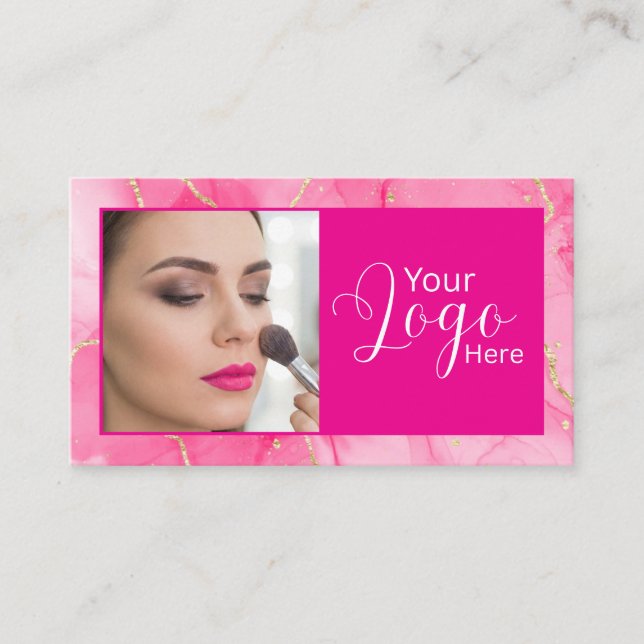 Hot Pink Marble Script Photo Makeup  Business Card (Front)