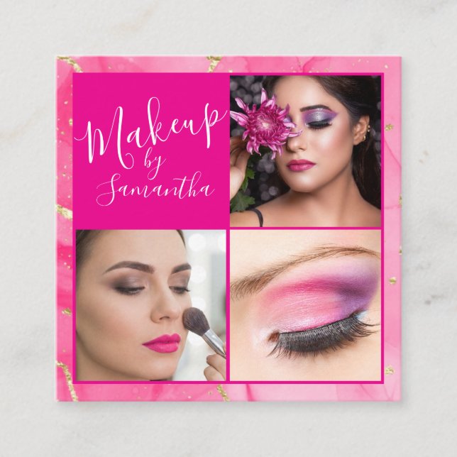 Hot Pink Marble Script Photo Makeup  Square Business Card (Front)