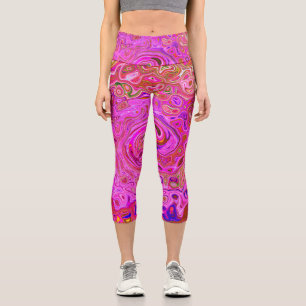 Hot Pink Marbled Colours Abstract Retro Swirl Capri Leggings