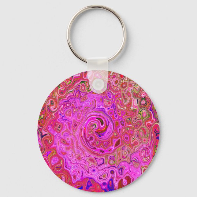 Hot Pink Marbled Colours Abstract Retro Swirl Key Ring (Front)