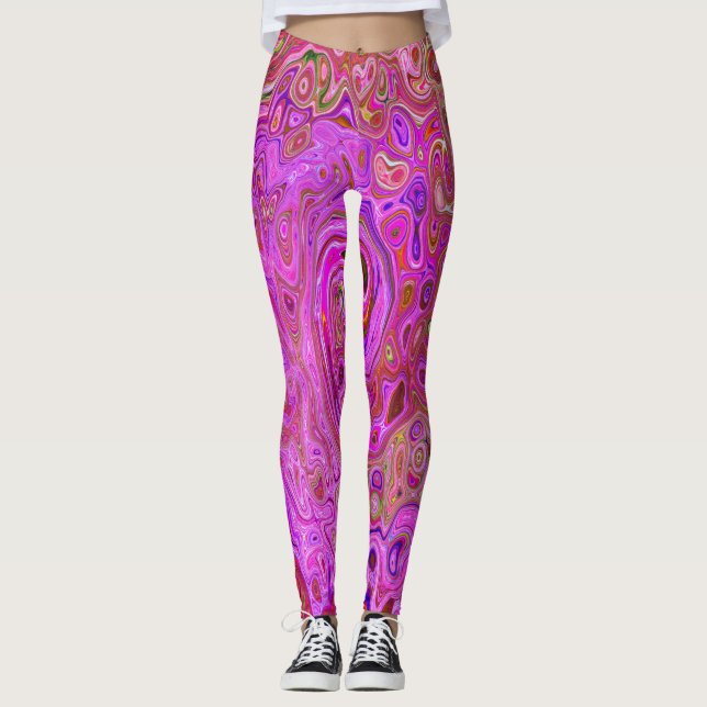 Hot Pink Marbled Colours Abstract Retro Swirl Leggings (Front)