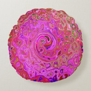 Hot Pink Marbled Colours Abstract Retro Swirl Round Cushion