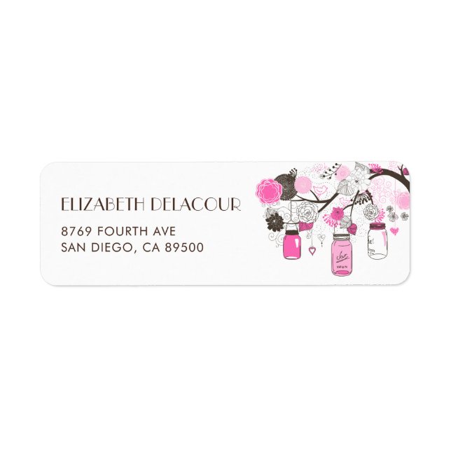 Hot Pink Mason Jars Floral Wedding Address Label (Front)
