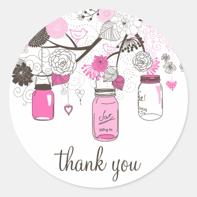Hot Pink Mason Jars Thank You Sticker (Front)