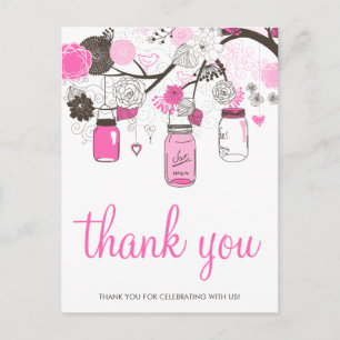Hot Pink Mason Jars Wedding Thank You Postcard