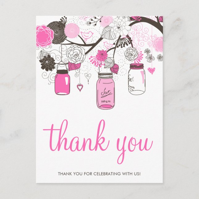 Hot Pink Mason Jars Wedding Thank You Postcard (Front)