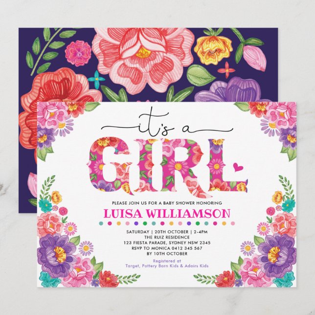 Hot Pink Mexican Fiesta Floral Girl Baby Shower Invitation (Front/Back)