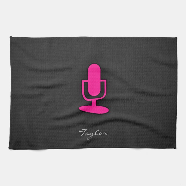 Hot Pink Microphone Tea Towel (Horizontal)