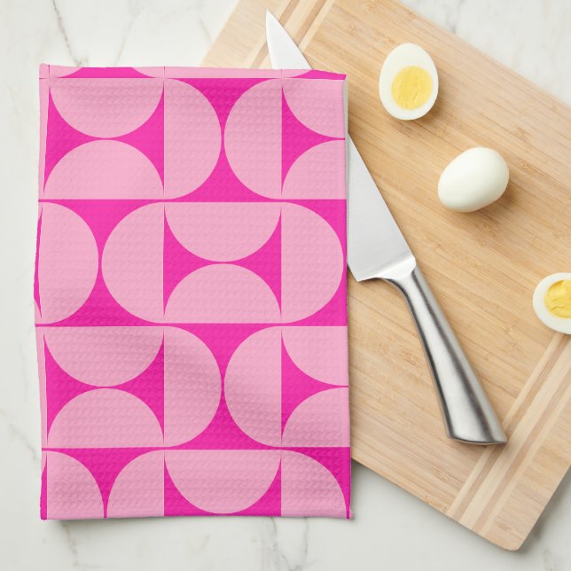 Hot Pink Mid Century Modern Pattern Tea Towel (Quarter Fold)