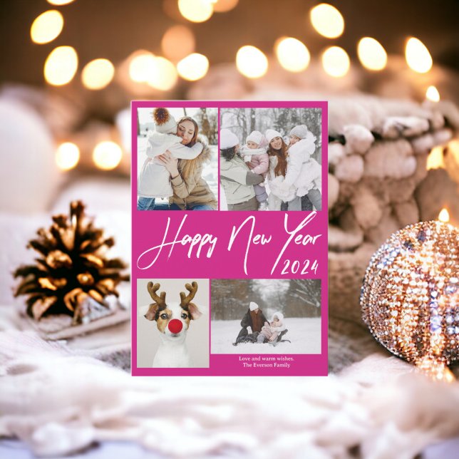 Hot pink minimalist 5 photos Happy new year 2024 Holiday Card (Hot pink minimalist 5 photos Happy new year 2024 Holiday Card)