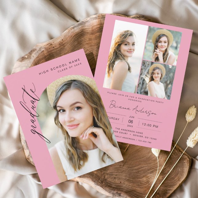 Hot Pink Minimalist Arch Photo Graduation Party Invitation (Creator Uploaded)