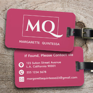 Hot Pink Minimalist Modern Typography Monogrammed Luggage Tag