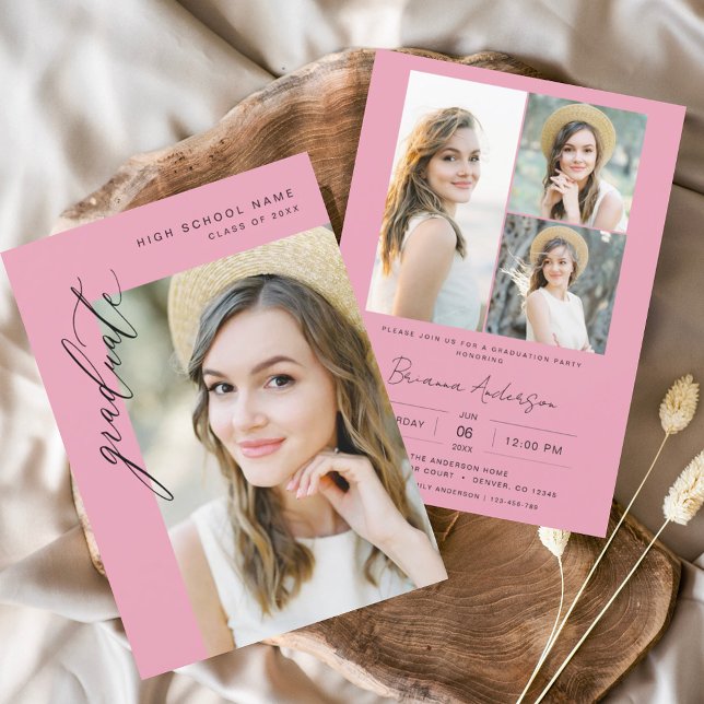 Hot Pink Minimalist Photo Graduation Party Invitation (Creator Uploaded)