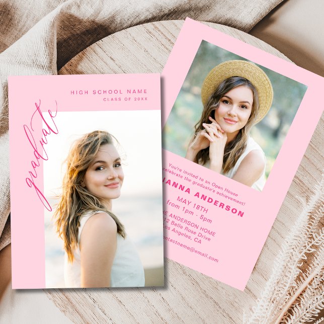 Hot Pink Minimalist Photo Graduation Party Invitation (Creator Uploaded)