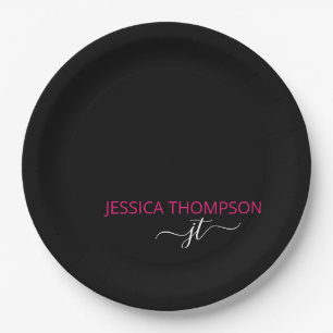Hot Pink Modern Black Simple Script Monogram Name Paper Plate