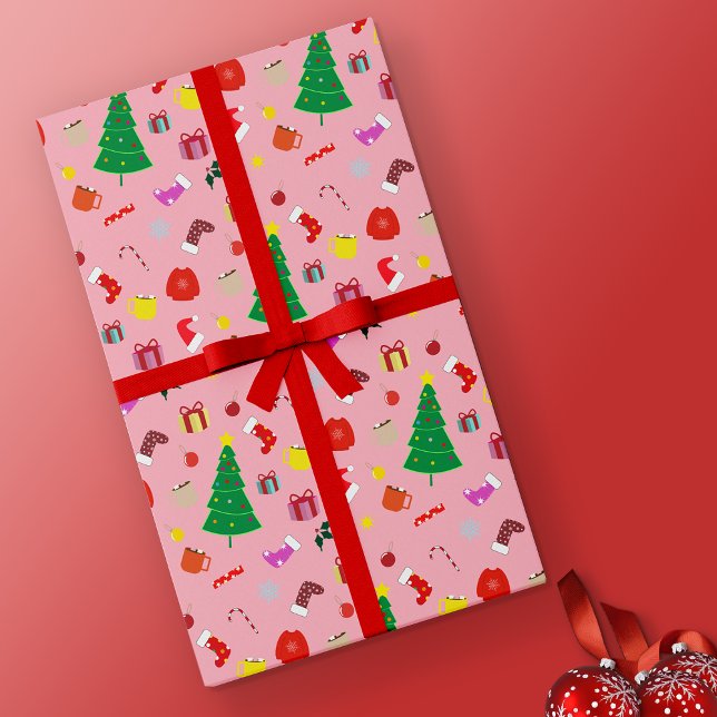 Hot Pink Modern Christmas Tree and Stuff  Wrapping Paper (Pink Christmas Wrapping Paper)