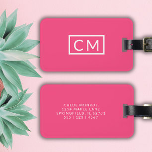 Hot Pink Modern Monogram Simple Initials Luggage Tag