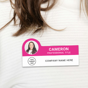 Hot Pink Modern Photo Company Logo Employee Name Tag