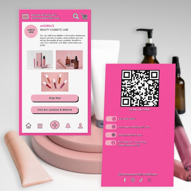 Hot Pink Modern Professional Techy Cosmetic Brand Business Card (Creator Uploaded)