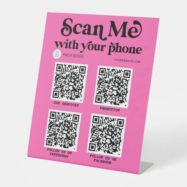 Hot pink Modern QR code networking scannable  Pedestal Sign (Front)
