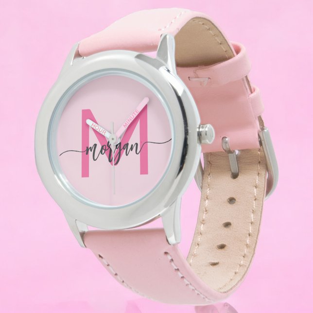 Hot Pink Modern Script Girls Monogram Name Watch (Creator Uploaded)