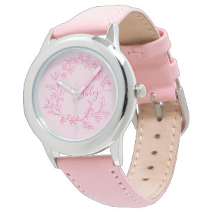 Hot Pink Modern Script Girls Monogram Name Watch