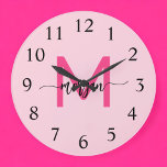 Hot Pink Modern Script Girly Monogram Name<br><div class="desc">Make a bold statement in your space with our Hot Pink Modern Script Girly Monogram Name Large Clock! Featuring a vibrant hot pink design and personalised with your name in an elegant modern script, this clock adds a stylish and personal touch to any room. Perfect for bedrooms, offices, or living...</div>