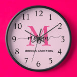 Hot Pink Modern Script Girly Monogram Name<br><div class="desc">Make a bold statement in your space with our Hot Pink Modern Script Girly Monogram Name Large Clock! Featuring a vibrant hot pink design and personalised with your name in an elegant modern script, this clock adds a stylish and personal touch to any room. Perfect for bedrooms, offices, or living...</div>