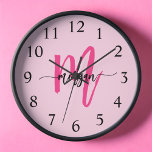 Hot Pink Modern Script Girly Monogram Name<br><div class="desc">Make a bold statement in your space with our Hot Pink Modern Script Girly Monogram Name Large Clock! Featuring a vibrant hot pink design and personalised with your name in an elegant modern script, this clock adds a stylish and personal touch to any room. Perfect for bedrooms, offices, or living...</div>