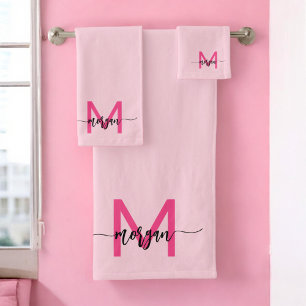 Hot Pink Modern Script Girly Monogram Name Bath Towel Set