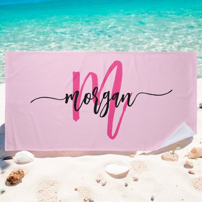 Hot Pink Modern Script Girly Monogram Name Beach Towel (Creator Uploaded)