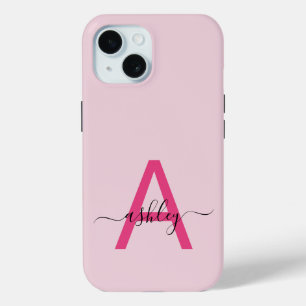 Hot Pink Modern Script Girly Monogram Name iPhone 15 Case