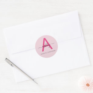 Hot Pink Modern Script Girly Monogram Name Classic Round Sticker