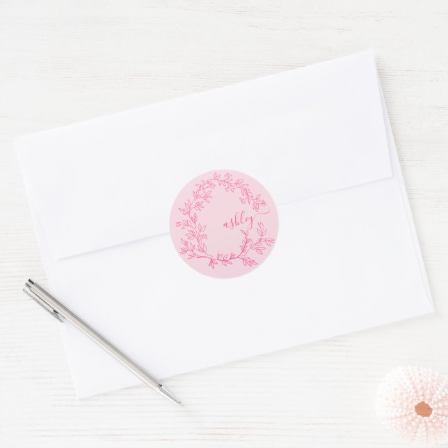 Hot Pink Modern Script Girly Monogram Name Classic Round Sticker (Envelope)