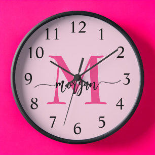 Hot Pink Modern Script Girly Monogram Name Clock