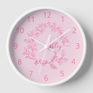 Hot Pink Modern Script Girly Monogram Name Clock