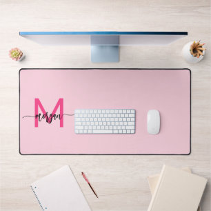 Hot Pink Modern Script Girly Monogram Name Desk Mat
