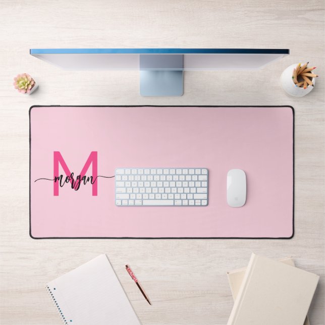 Hot Pink Modern Script Girly Monogram Name Desk Mat (Office 1)