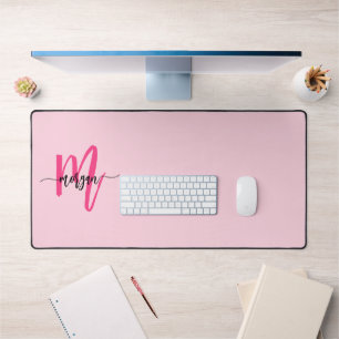 Hot Pink Modern Script Girly Monogram Name Desk Mat