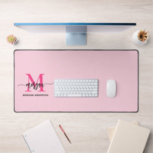Hot Pink Modern Script Girly Monogram Name Desk Mat