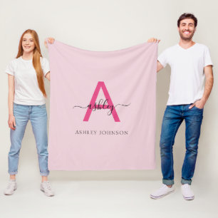 Hot Pink Modern Script Girly Monogram Name Fleece Blanket