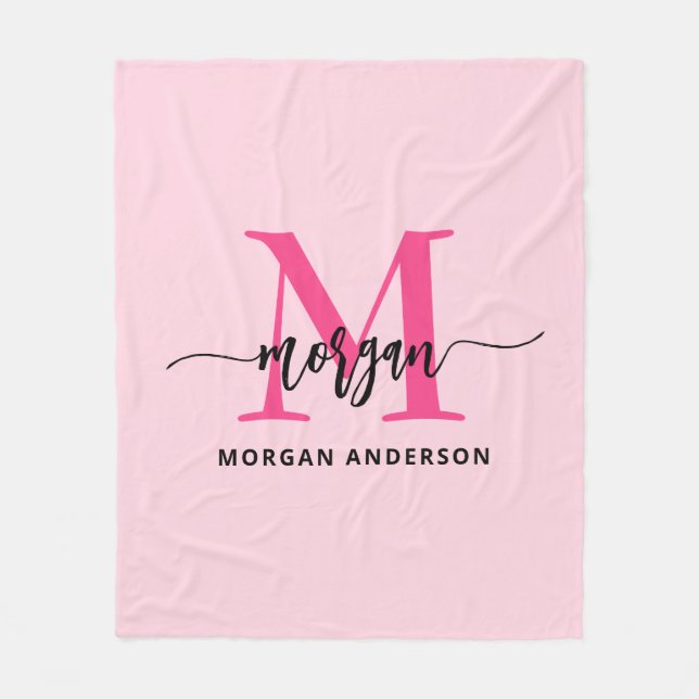 Hot Pink Modern Script Girly Monogram Name Fleece Blanket (Front)