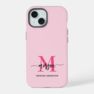 Hot Pink Modern Script Girly Monogram Name iPhone 15 Case