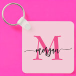 Hot Pink Modern Script Girly Monogram Name Key Ring<br><div class="desc">Keep your keys in style with our Hot Pink Modern Script Girly Monogram Name Keychain! Featuring a vibrant hot pink design, this keychain is personalised with your name in a chic modern script for a custom, fashionable touch. Perfect for adding a bit of flair to your keys or bag, it’s...</div>