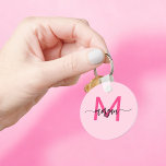 Hot Pink Modern Script Girly Monogram Name Key Ring<br><div class="desc">Keep your keys in style with our Hot Pink Modern Script Girly Monogram Name Keychain! Featuring a vibrant hot pink design, this keychain is personalised with your name in a chic modern script for a custom, fashionable touch. Perfect for adding a bit of flair to your keys or bag, it’s...</div>
