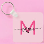Hot Pink Modern Script Girly Monogram Name Key Ring<br><div class="desc">Keep your keys in style with our Hot Pink Modern Script Girly Monogram Name Keychain! Featuring a vibrant hot pink design, this keychain is personalised with your name in a chic modern script for a custom, fashionable touch. Perfect for adding a bit of flair to your keys or bag, it’s...</div>